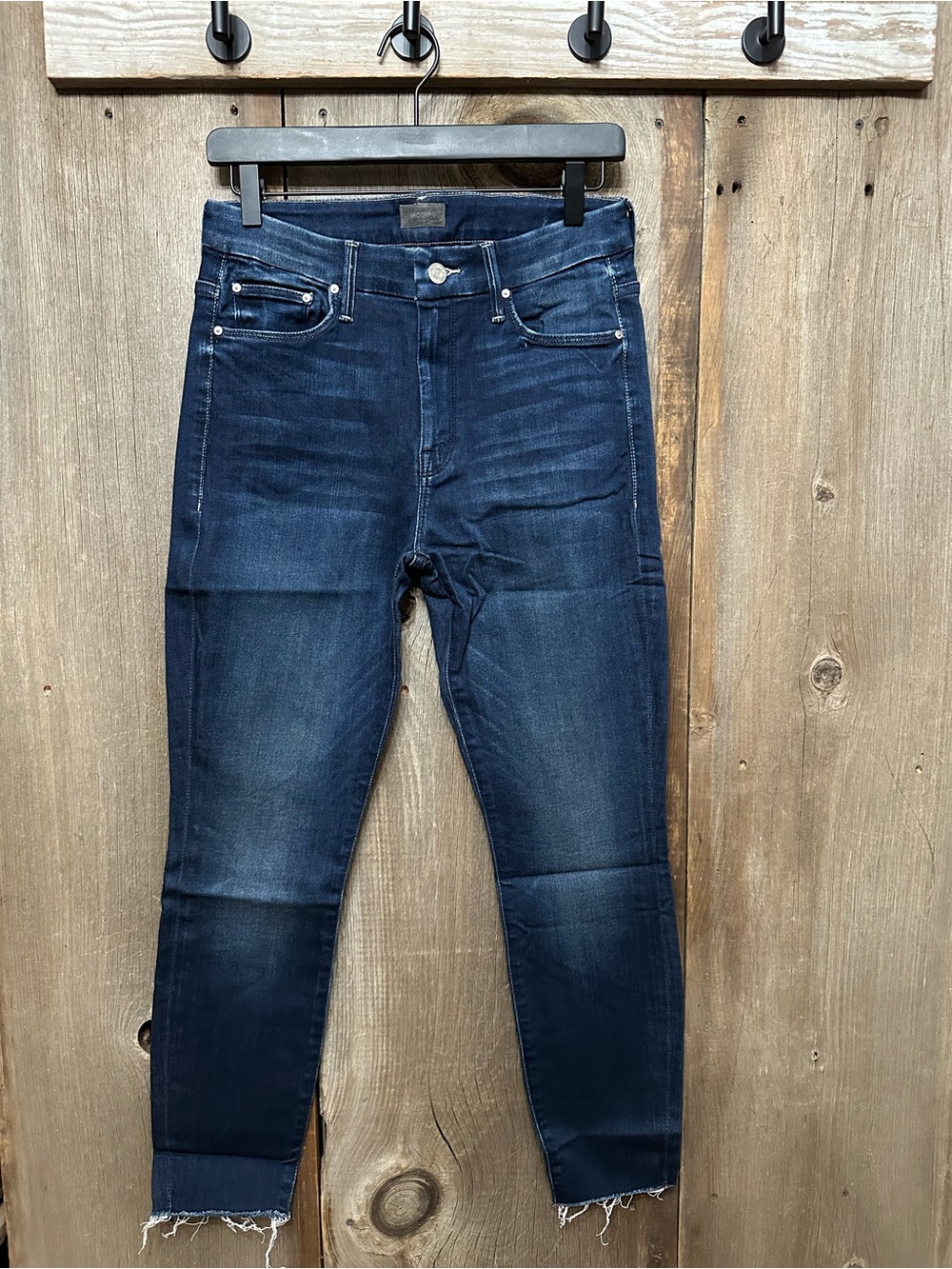 NWOT MOTHER High Waisted Looker Ankle Fray Jeans Tongue and Chic Blue Size 29